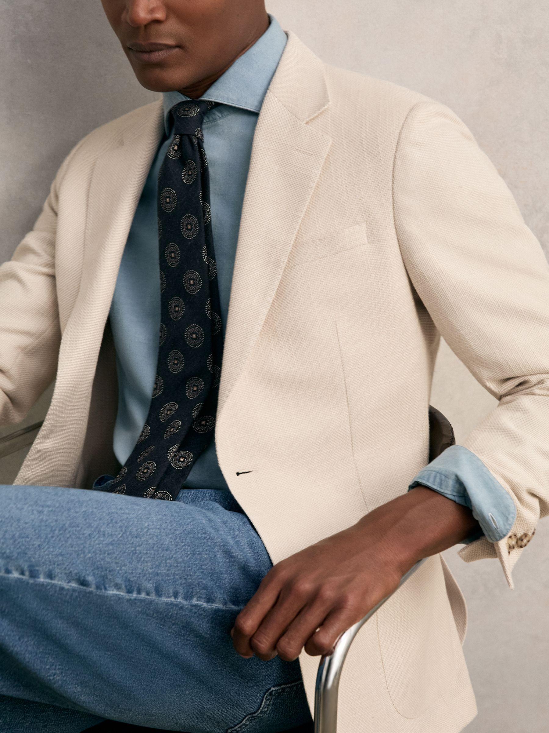 Slim Fit Single Breasted Textured Blazer with Cotton in Stone Product Image