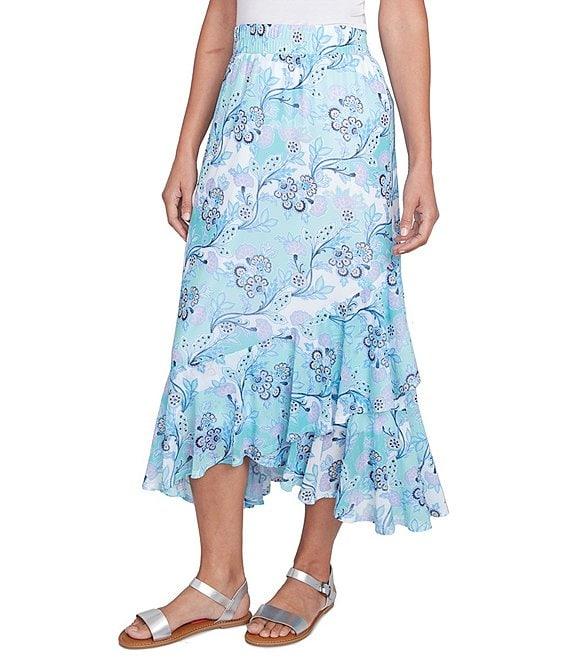 Ruby Rd. Floral Mesh Asymmetrical Ruffle Hem Pull-On Skirt Product Image