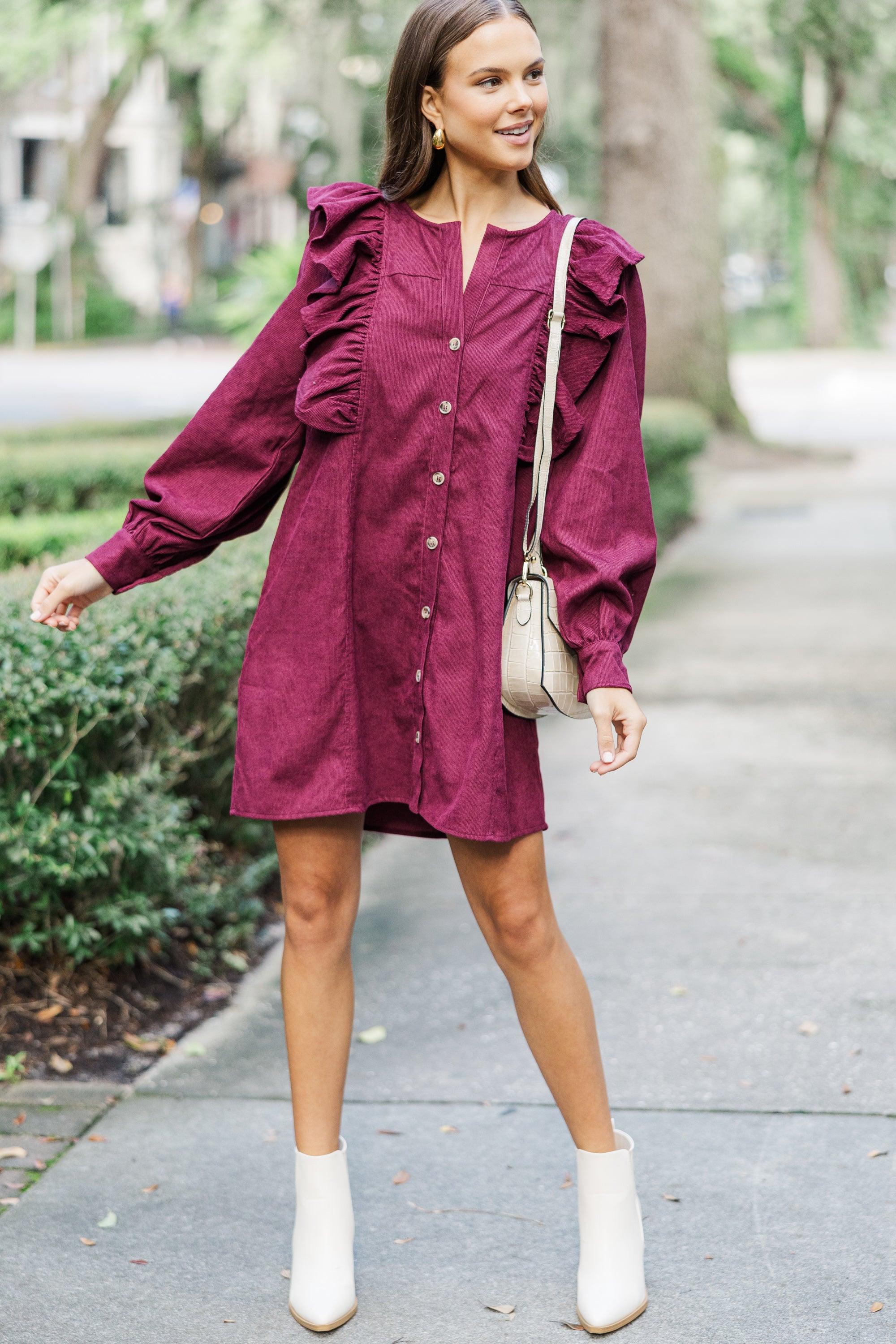 Never Too Late Burgundy Red Corduroy Dress Female Product Image