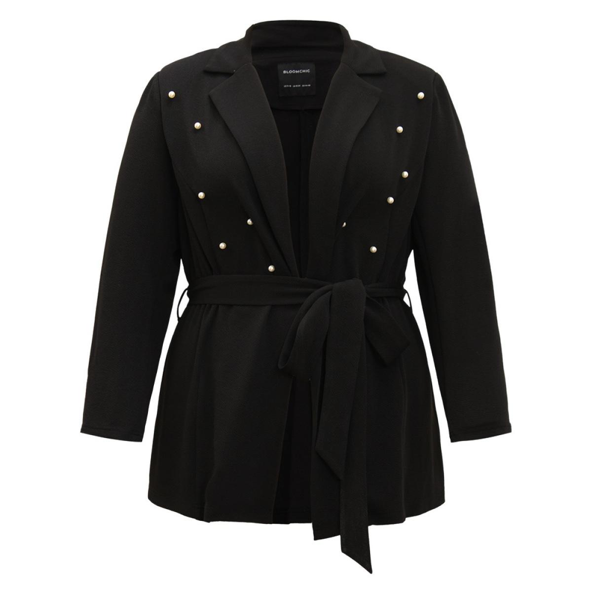 Plus Size Pearl Beaded Belted Blazer Black Women Dailywear Plain Beaded Sleeve Long Sleeve Suit Collar 22-24/3X Belt Elegant Blazers BloomChic Product Image