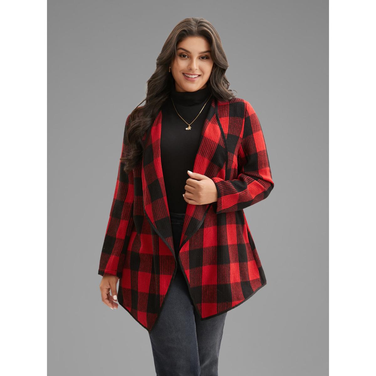 Plus Size Festive Plaid Curved Hem Cardigan Women Brightred Contrast Loose Side seam pocket Everyday Jackets BloomChic 14-16/1X Product Image