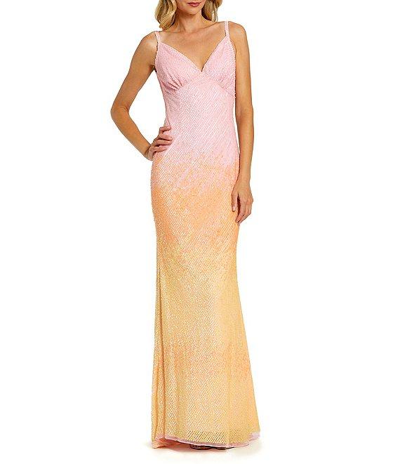 Mac Duggal V-Neck Drape Back Ombre Sequined Slip Dress Product Image