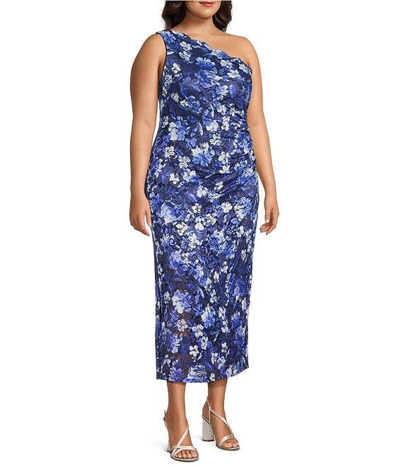 Marina Plus Size One Shoulder Sleeveless Floral Lace Sheath Dress Product Image