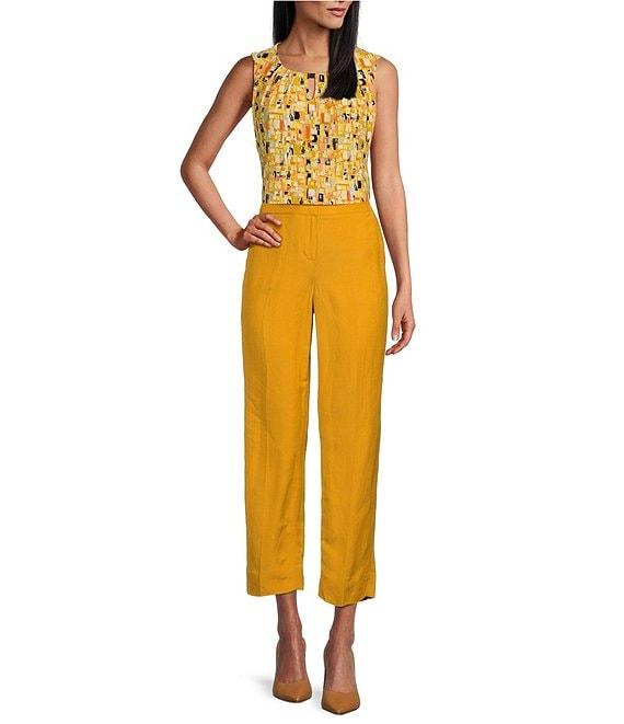 Kasper Abstract Print Pleated Keyhole Neck Sleeveless Fitted Top Product Image