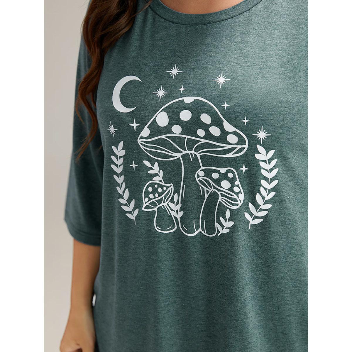 Plus Size Mushroom Print Round Neck T-shirt DarkGreen Women Casual Printed Natural Flowers Everyday T-shirts BloomChic 28/5X Product Image