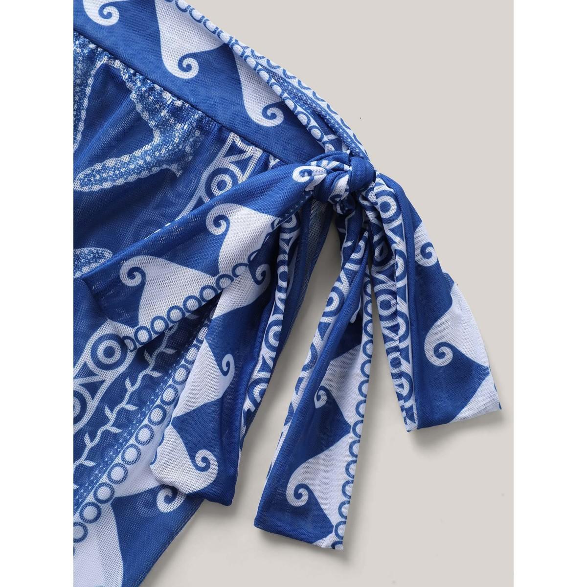 Plus Size Two-Piece Ocean Print Swimsuit Women's Swimwear Mediumblue Resort Tie knot Curve Bathing Suits High stretch One Pieces BloomChic 30/6X Product Image