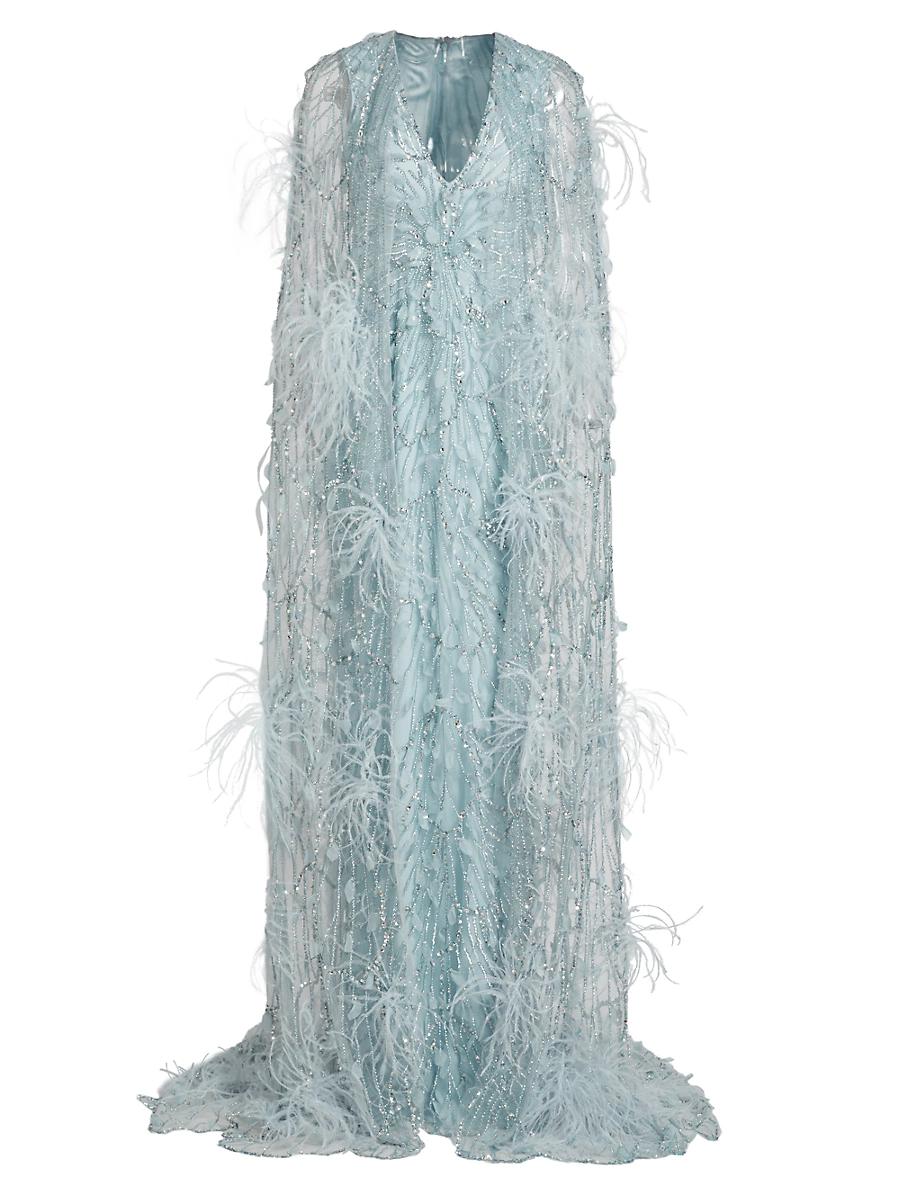 Womens Embroidered Feather Cape Gown Product Image