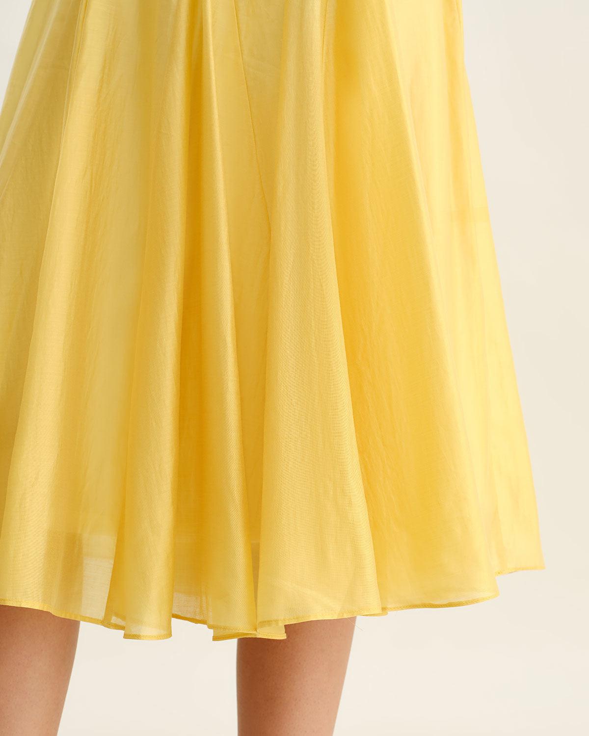 Yellow Square Neck Pleated Slip Midi Dress Product Image