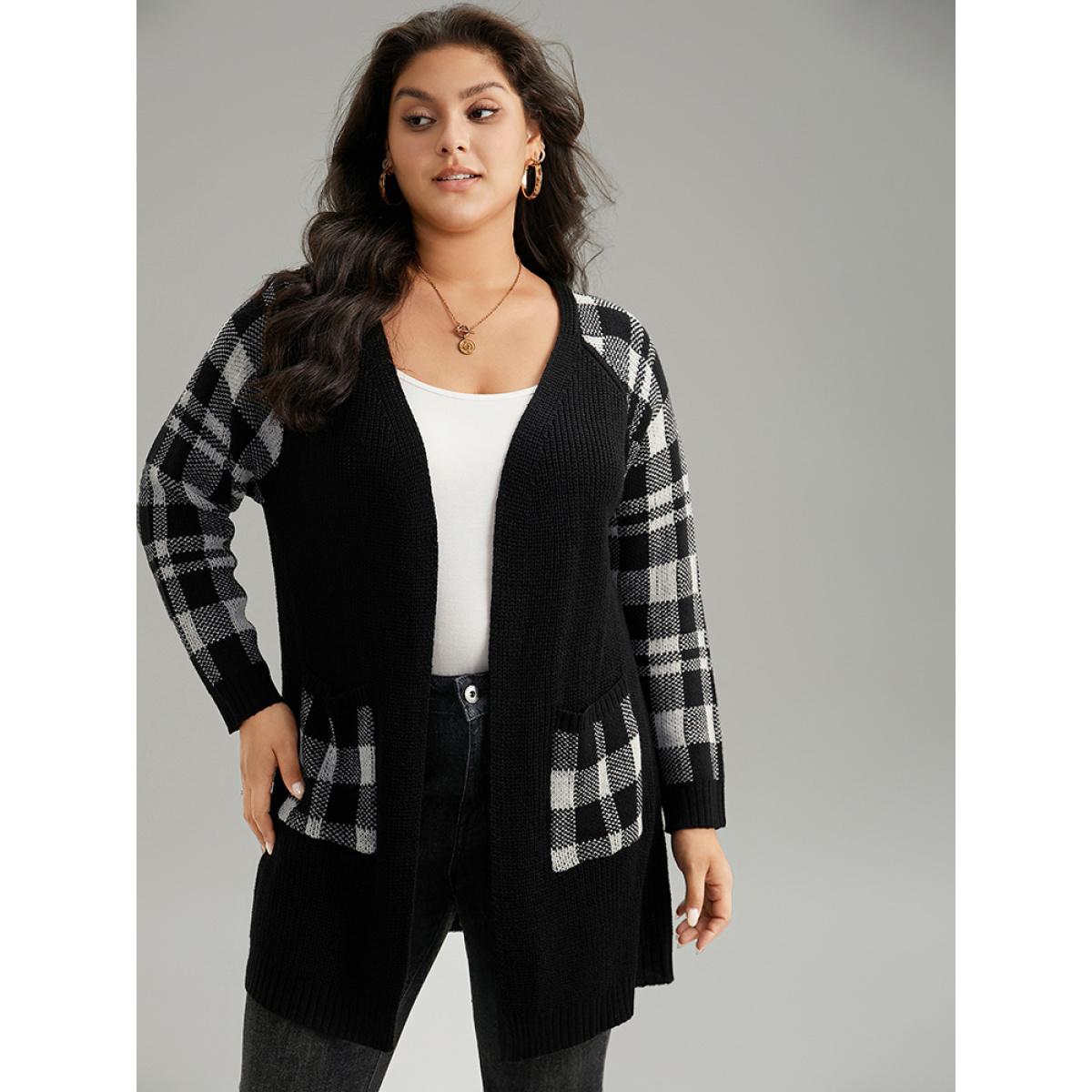 Plus Size Plaid Patchwork Patched Pocket Raglan Sleeve Cardigan Black Women Casual Loose Long Sleeve Dailywear Cardigans BloomChic 14-16/1X Product Image