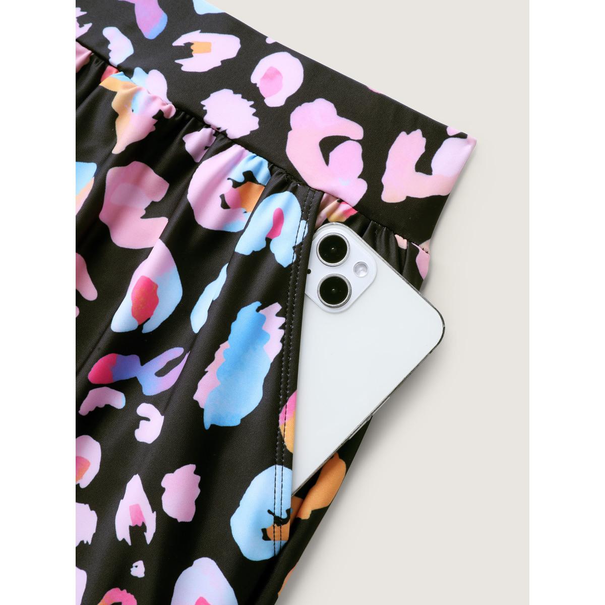 Plus Size Leopard Print Pockets Swim Bottoms Women's Swimwear Black Resort Contrast High stretch Bodycon High Rise Side seam pocket Curve Swim Bottoms BloomChic 18-20/2X Product Image