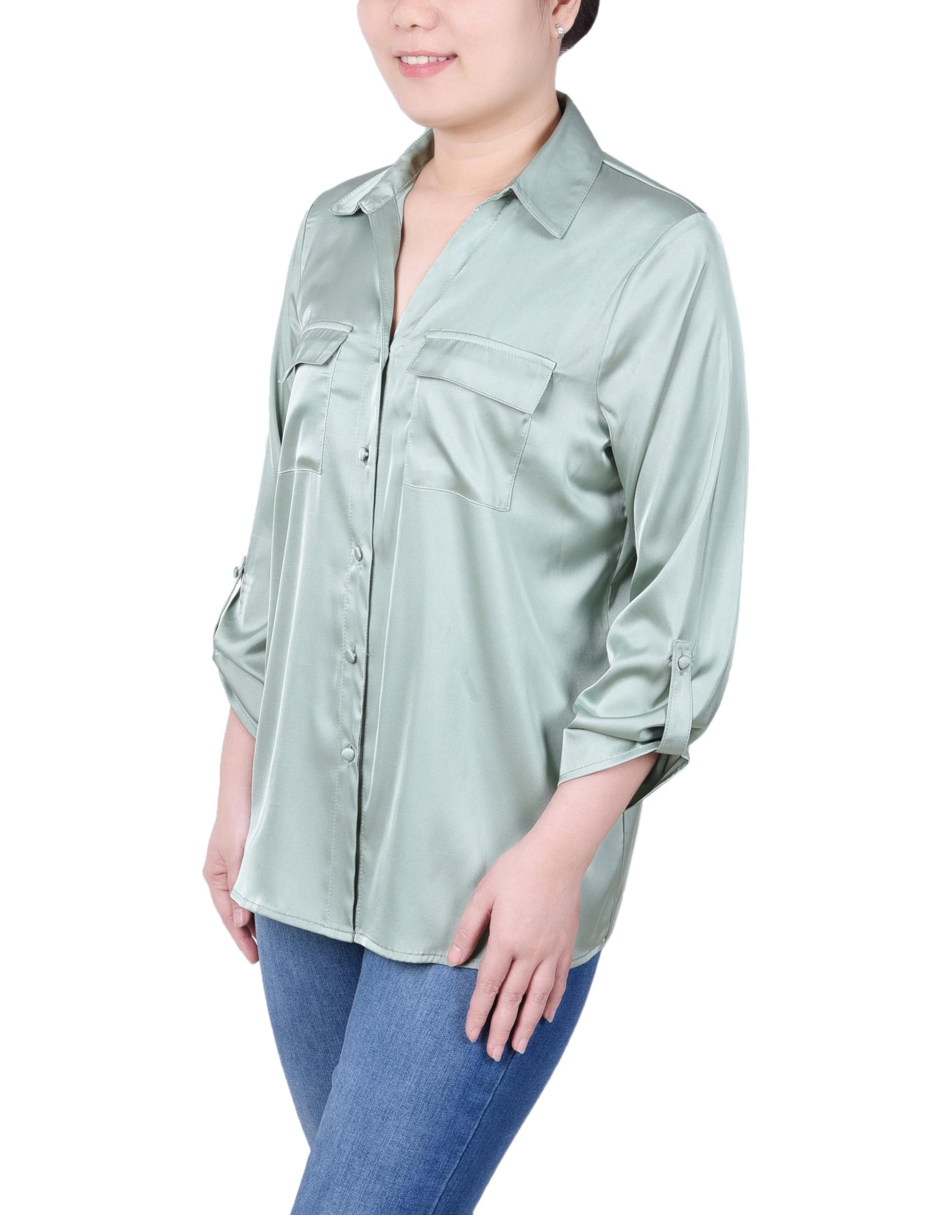 Frosty Green 3/4 Sleeve Roll Tab Satin Blouse Product Image