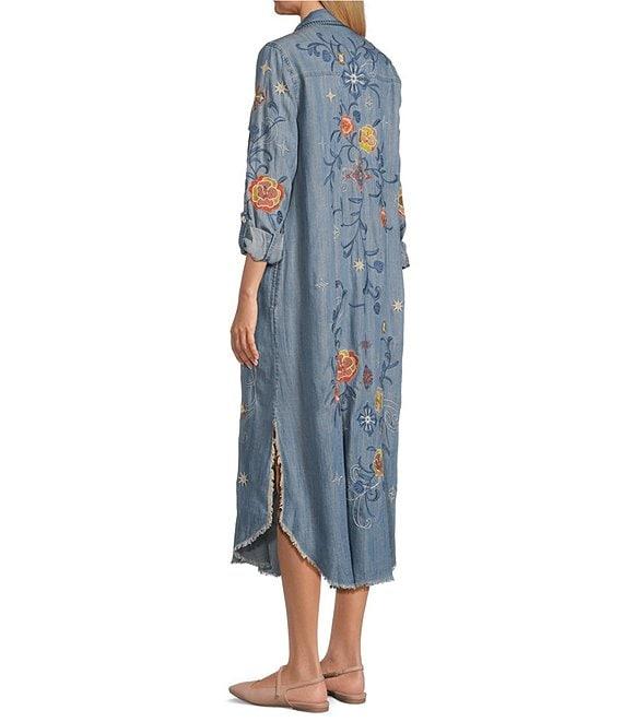 John Mark Floral Embroidered Roll Tab Sleeve Button Up Midi Dress Product Image