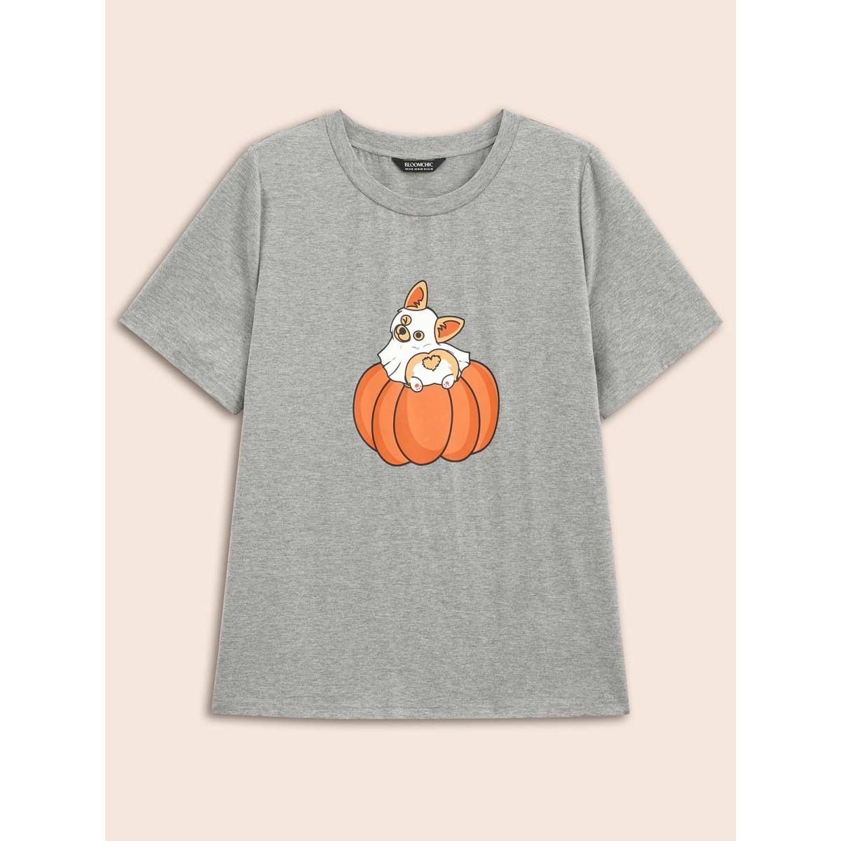 Plus Size Pumpkin & Corgi Printed Relaxed Fit T-shirt DarkGray Women Casual Non Halloween Round Neck Everyday T-shirts BloomChic 14-16/1X Product Image