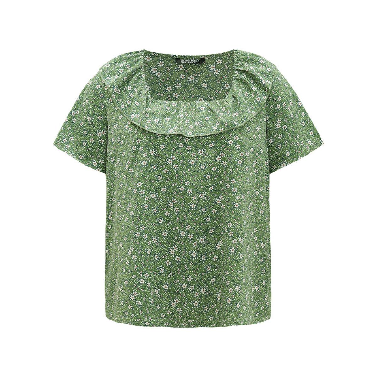 Plus Size Green Ditsy Floral Square Neck Flutter Trim Blouse Women Elegant Short sleeve Square Neck Dailywear Blouses BloomChic 18-20/2X Product Image
