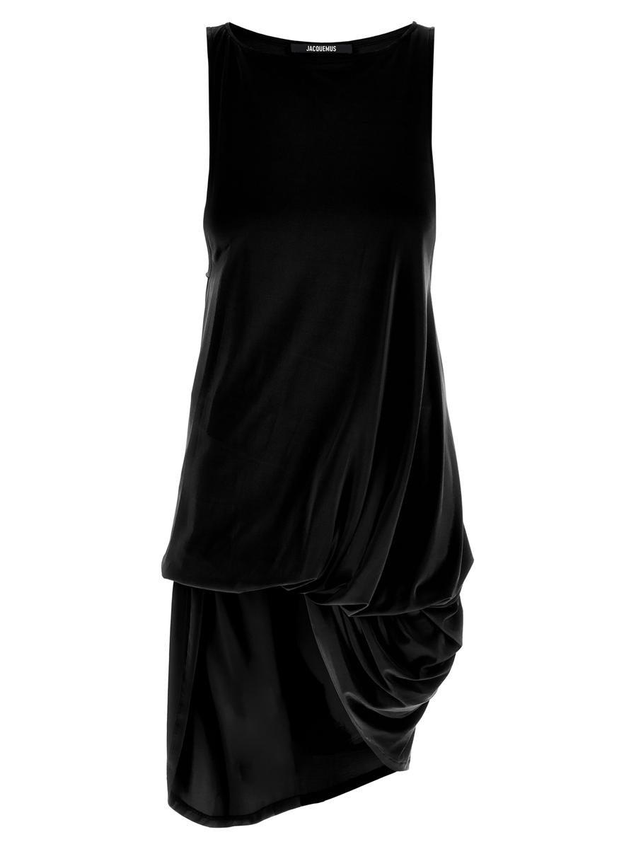 JACQUEMUS Draped Sleeveless Peplum Dress With Asymmetrical Hem In Black Product Image