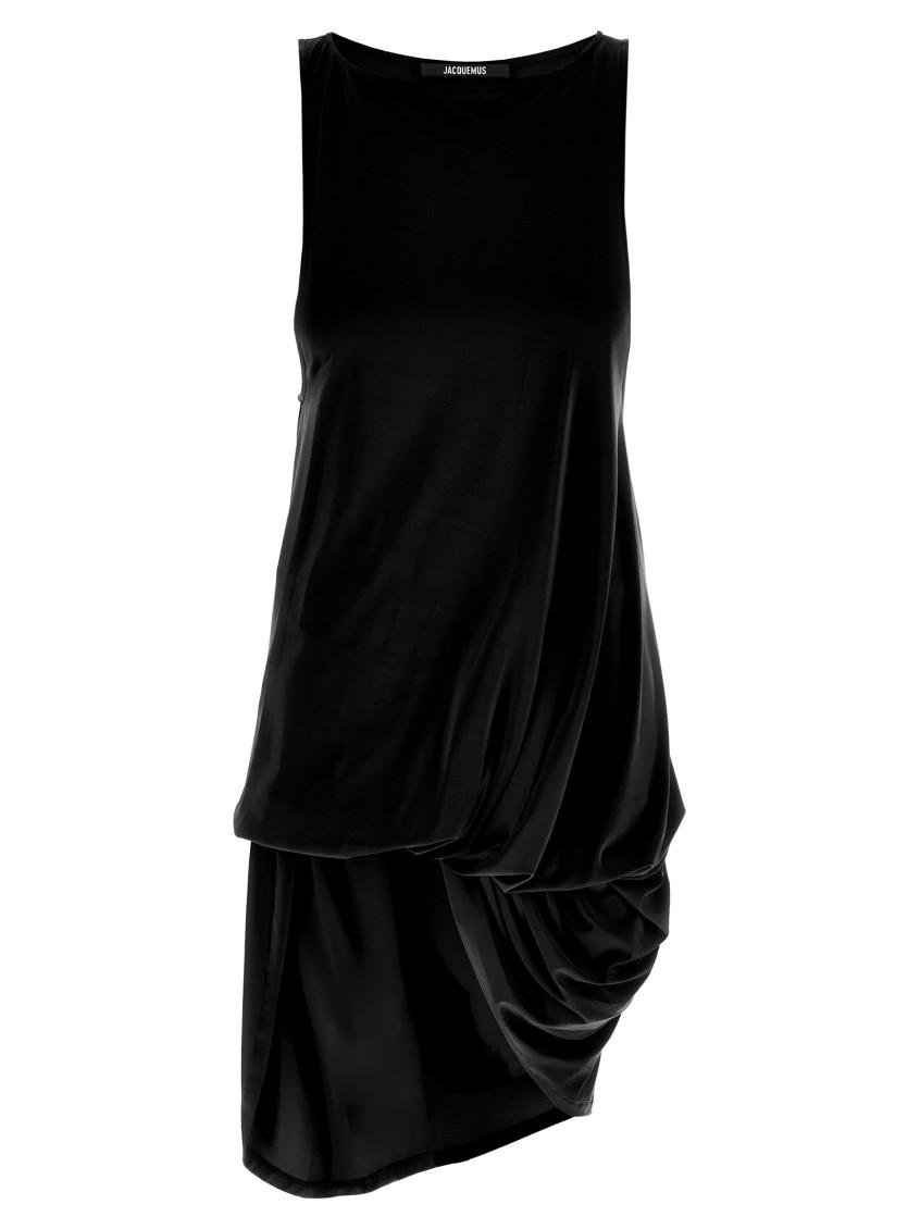 JACQUEMUS Draped Sleeveless Peplum Dress With Asymmetrical Hem In Black Product Image
