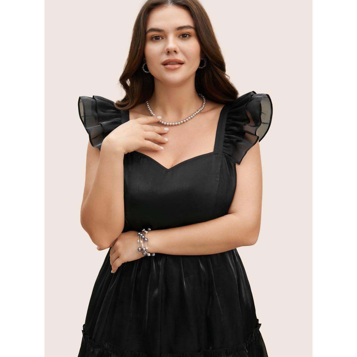 Plus Size Organza Heart Neckline Ruffle Trim Maxi Dress Black Women Formal See through Non Cap Sleeve Curvy BloomChic 22-24/3X Product Image