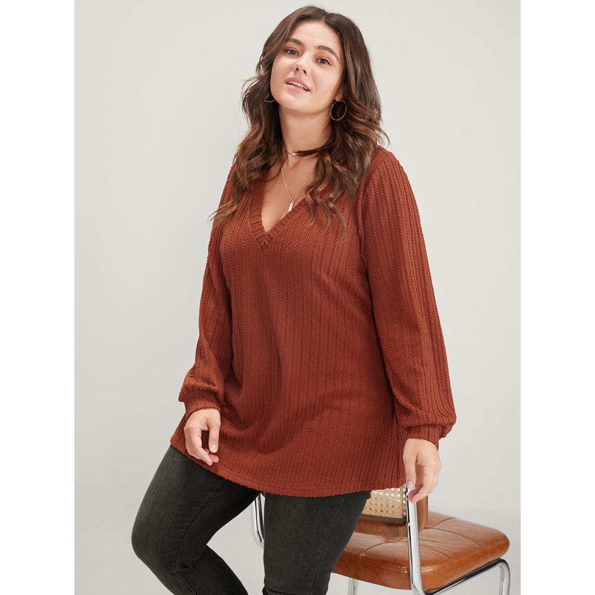 Plus Size Solid Rib Knit Long Tee Rust Women Elegant Plain Plain V-neck Dailywear T-shirts BloomChic 14-16/1X Product Image