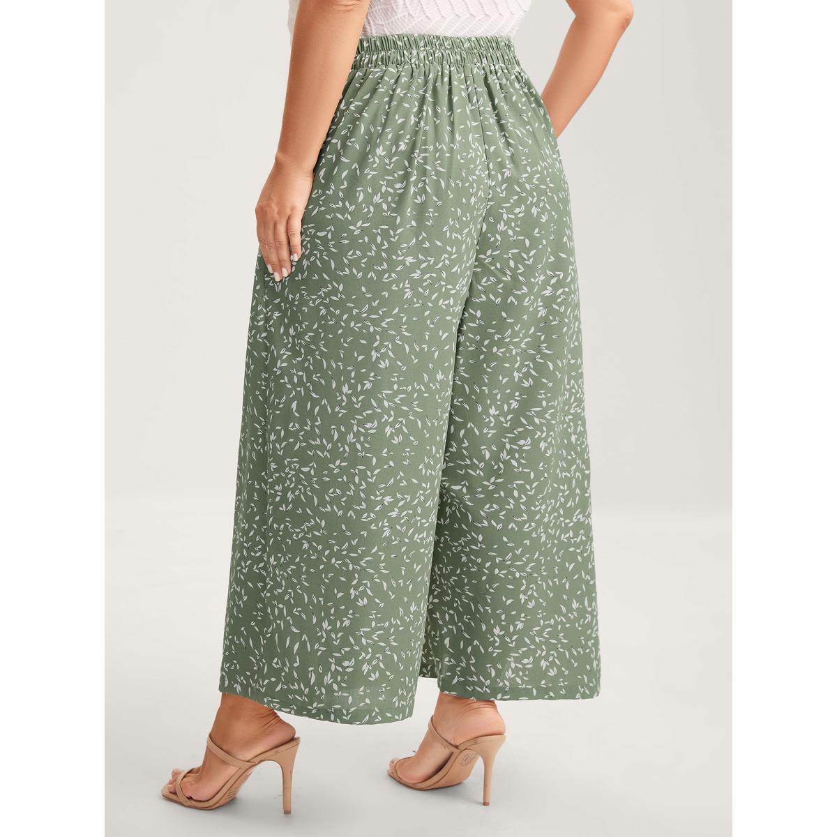 Plus Size Ditsy Floral Print Wide-Leg Pants Women LightGreen Timeless Wide Leg Mid Rise Elegant Pants BloomChic 14-16/1X Product Image