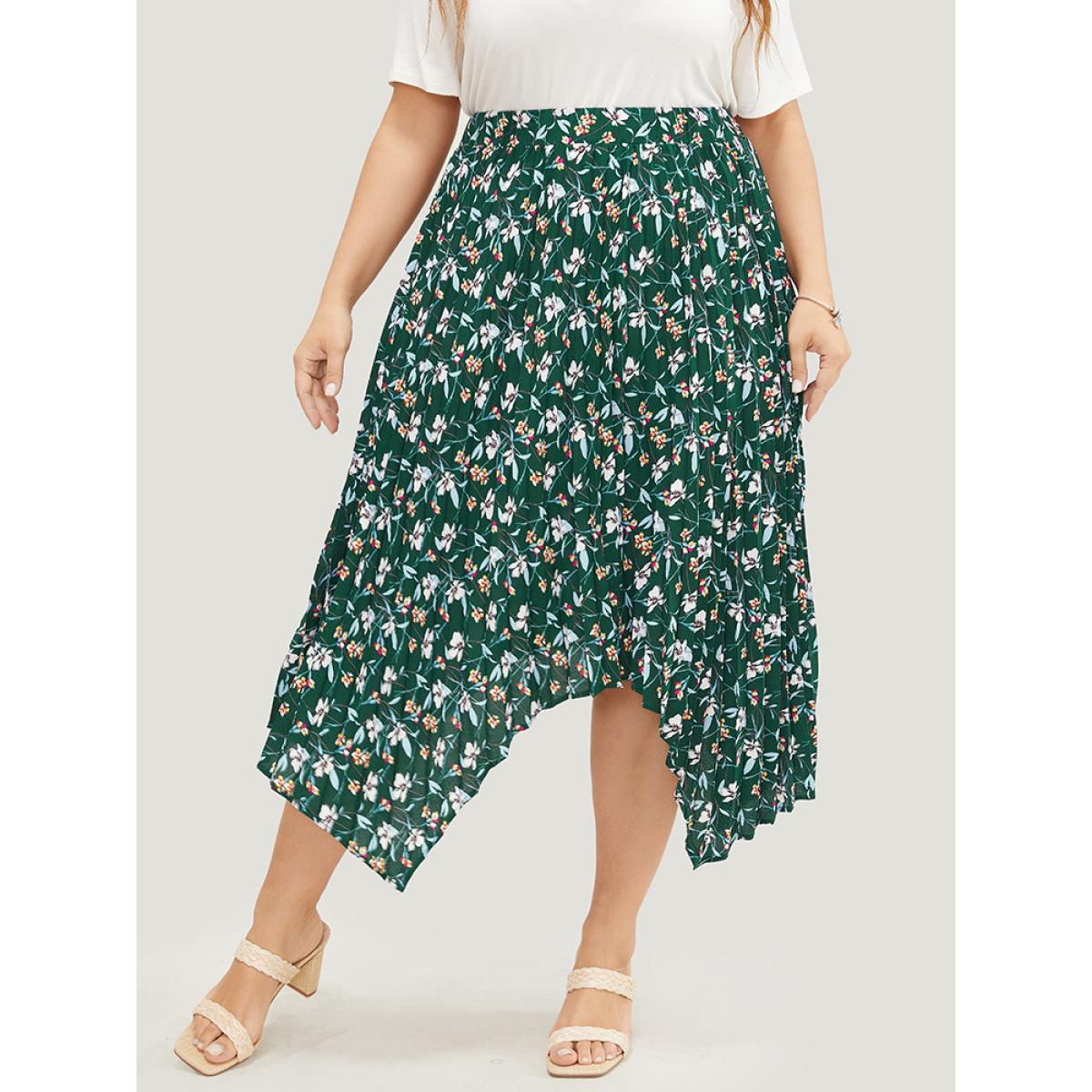 Plus Size Ditsy Floral Pleated Hanky Hem Skirt Women DarkGreen Elegant Asymmetrical No stretch Dailywear Skirts BloomChic 14-16/1X Product Image