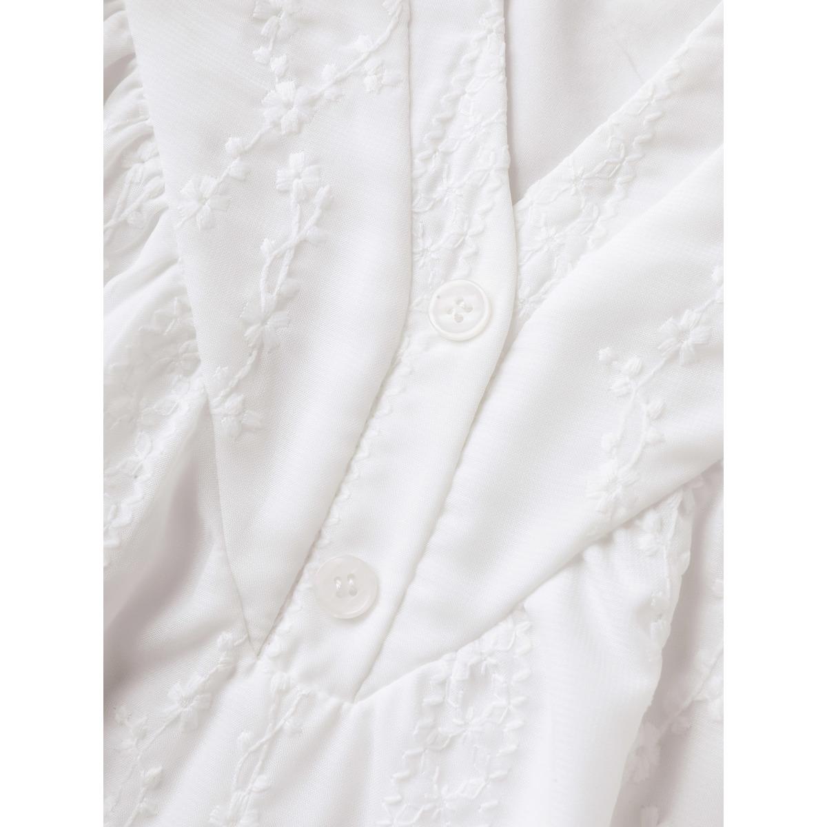 Plus Size Beige Embroidered Notched Collar Sheer Blouse Women Boho Short sleeve Flat collar with V-notch Vacation Blouses BloomChic 28/5X Product Image