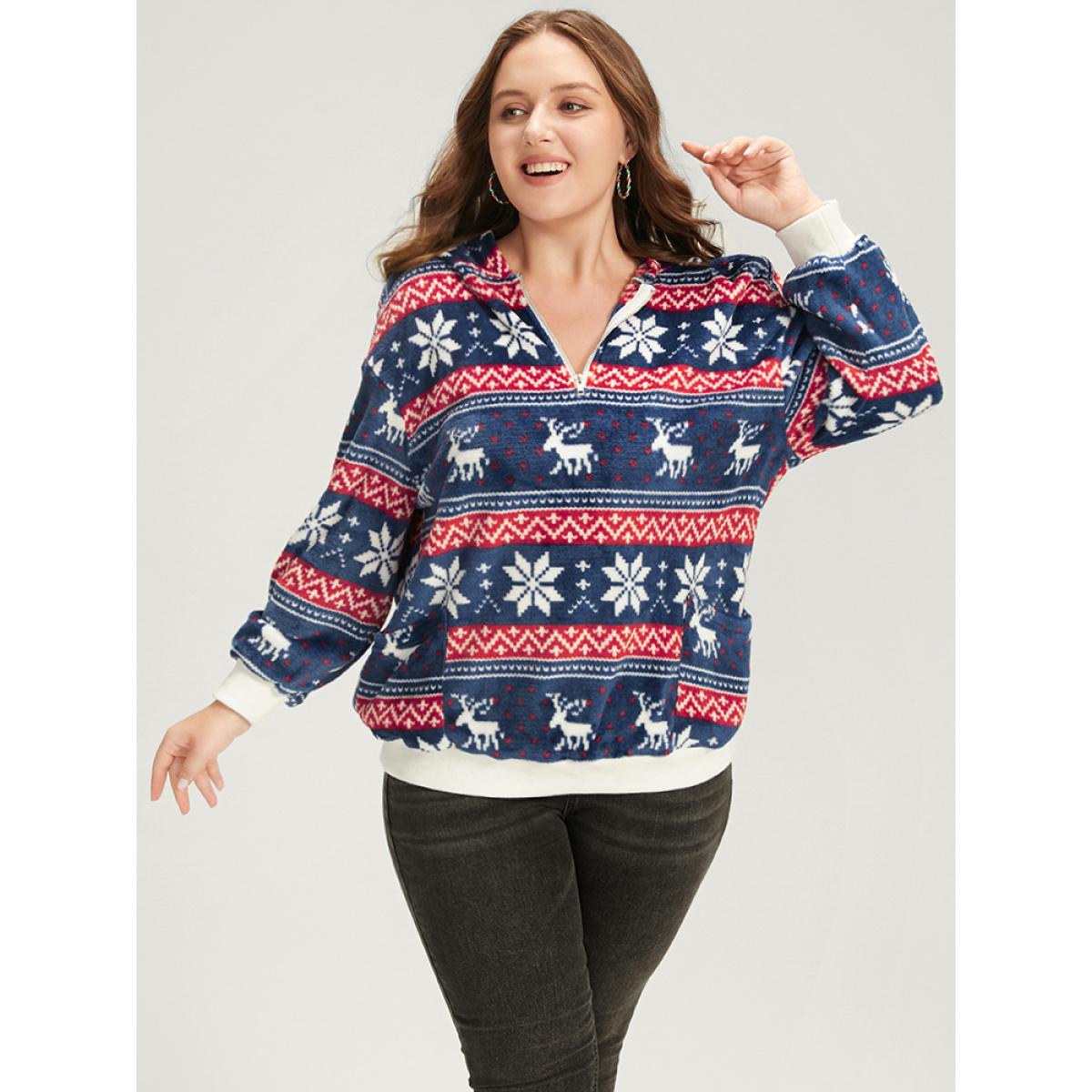 Plus Size Snowflake & Elk Print Zipper Pocket Sweatshirt Women DarkBlue Casual Zipper Hooded Dailywear Sweatshirts BloomChic 18-20/2X Product Image