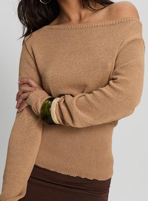 Xaria Off Shoulder Knit Sweater Tan Product Image