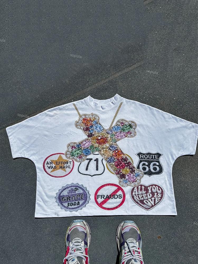 Sopula Vintage Faith Cross Graphic Casual Cropped T-Shirt Product Image