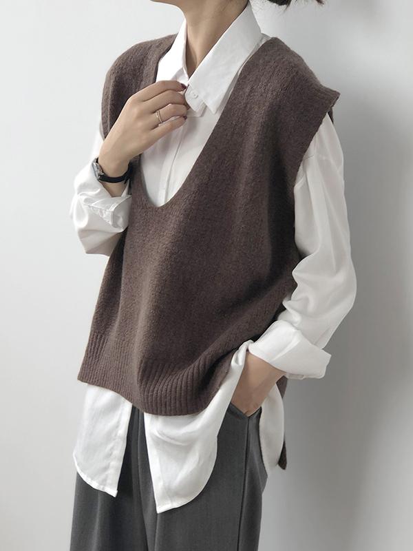 Knitting Irregularity Solid V-Neck Vest Product Image