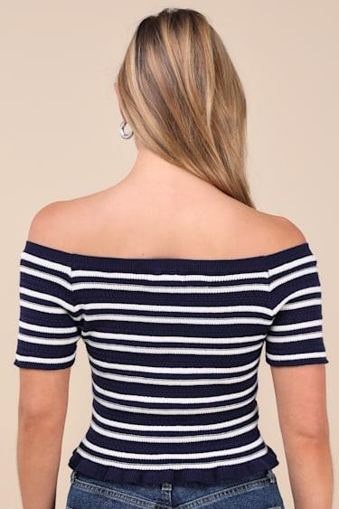 Erela Navy and Ivory Striped Off-the-Shoulder Sweater Top Product Image