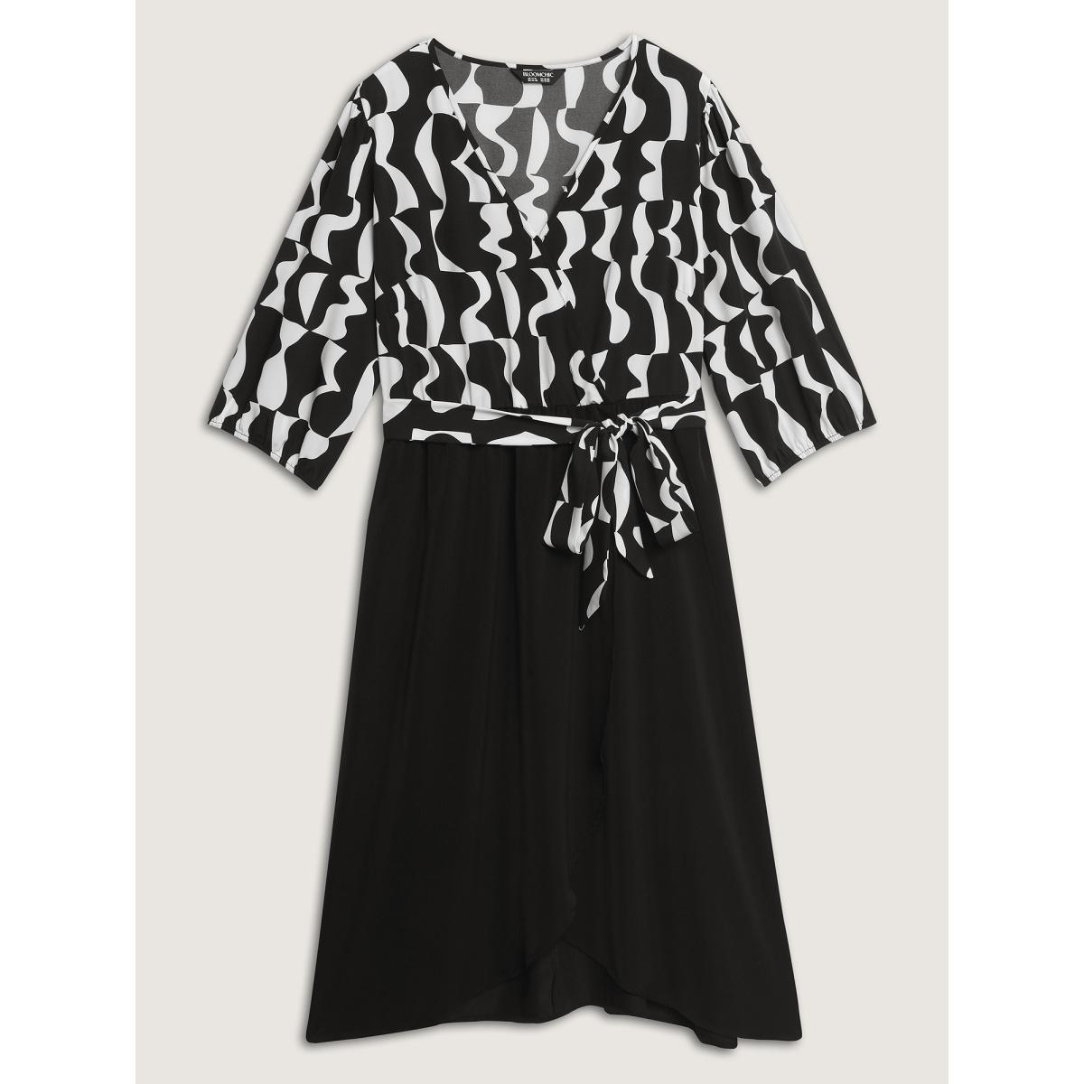 Plus Size Retro Wavy Print Stretchy Waist Midi Dress Black Women Office Overlap Collar Elbow-length sleeve Curvy BloomChic 12/L Product Image