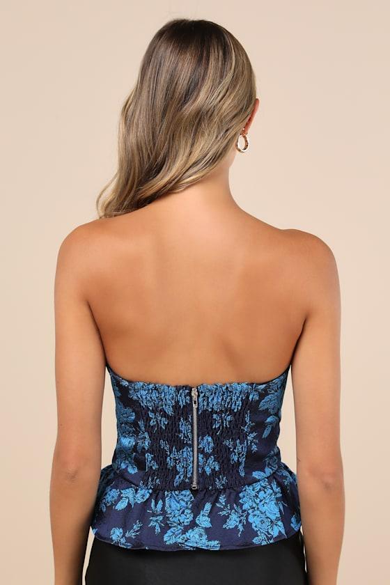 Cutest Persuasion Navy Blue Floral Jacquard Strapless Peplum Top Product Image