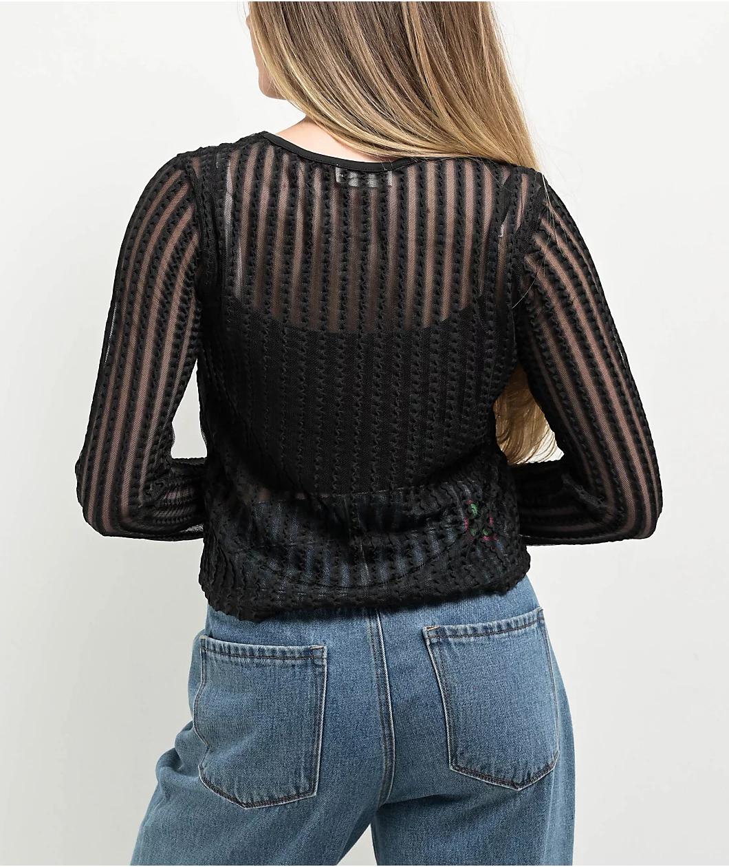 24COLOURS Sheer Striped Black Long Sleeve Top Product Image
