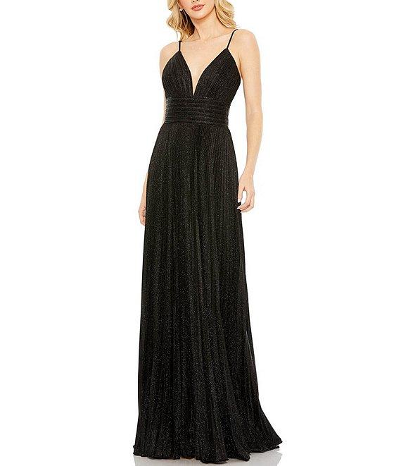 Mac Duggal Metallic Pleated Deep V-Neck Crisscross Back Detail Sleeveless Gown Product Image