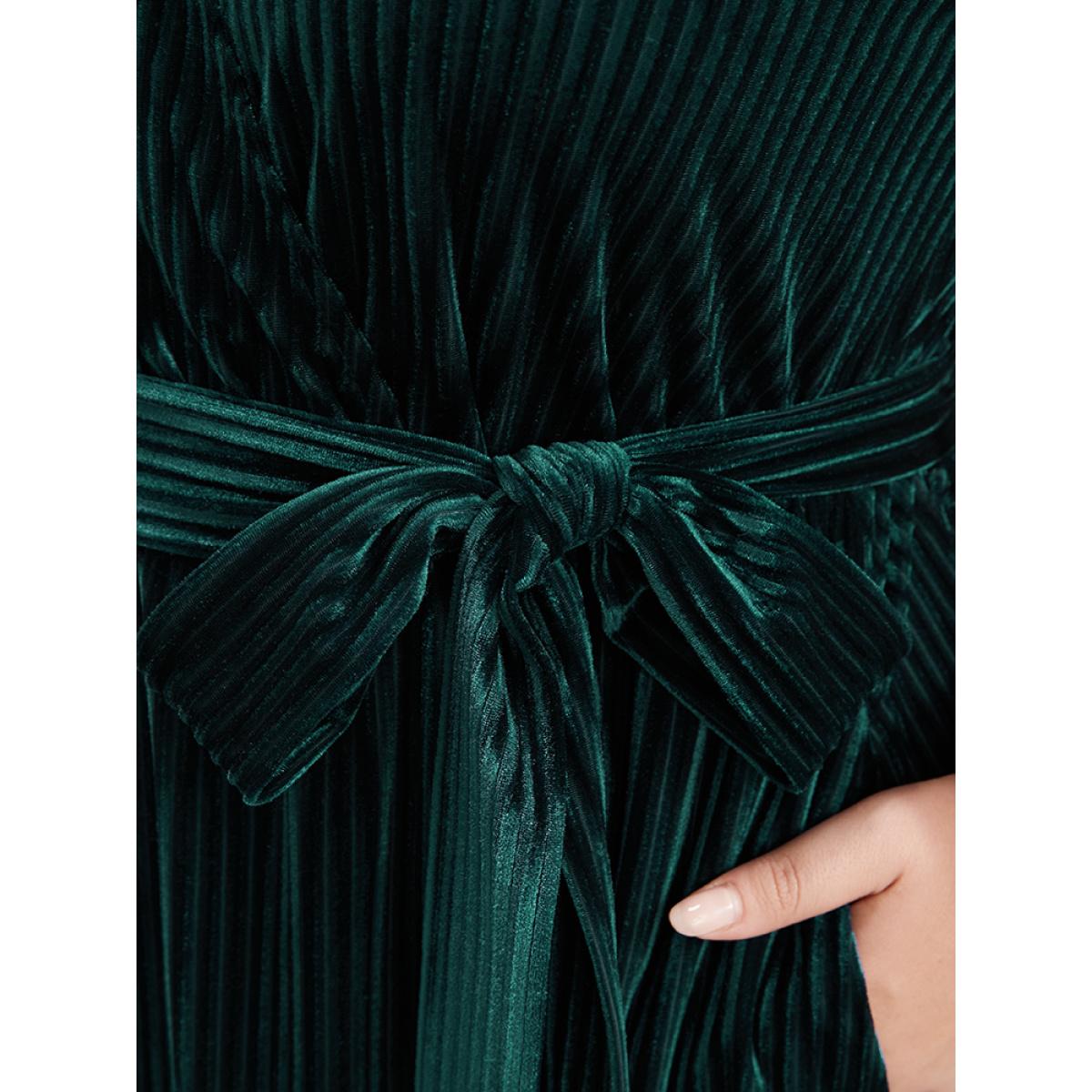Plus Size Striped Velvet Pocket Lantern Sleeve Belted Wrap Dress DarkGreen Women Glamour Pocket V-neck Long Sleeve Curvy Midi Dress BloomChic 22-24/3X Product Image