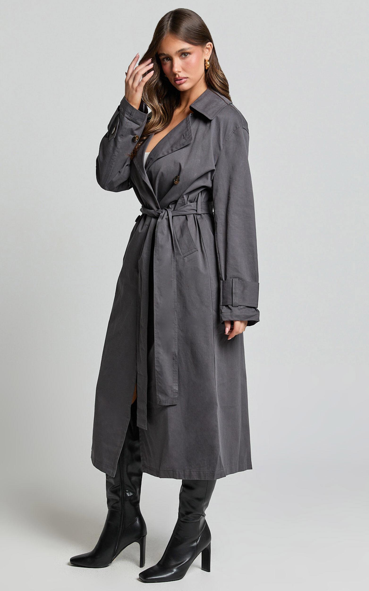 Avah Trench Coat - Double Breasted Tie Waist Coat in Charcoal Product Image