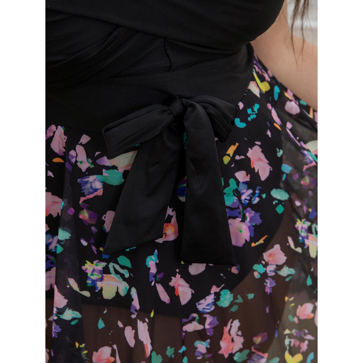 Plus Size Floral Mesh Ruffle Hem Crossover Knot Swim Dress Women's Swimwear BlackFlower Vacation Bodycon Spaghetti Strap High stretch Curve Swim Dresses BloomChic 14-16/1X Product Image