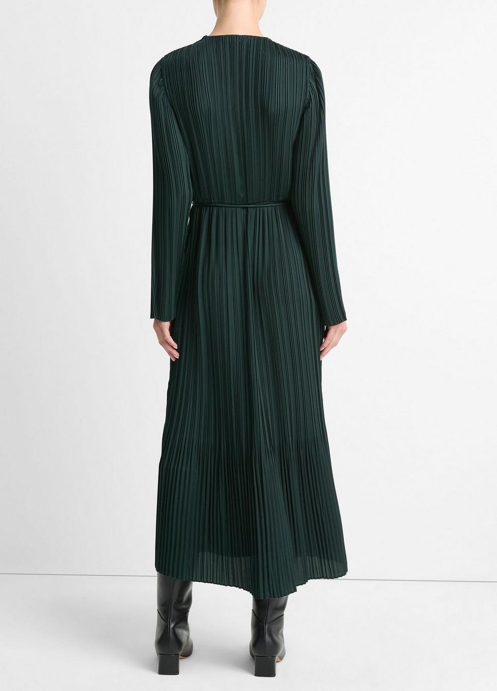 Pleated Satin Long-Sleeve Dress Product Image