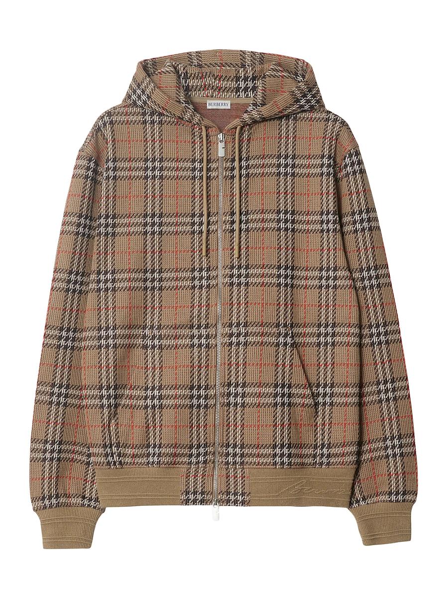 Mens Check Stretch Cotton Zip-Front Hoodie Product Image