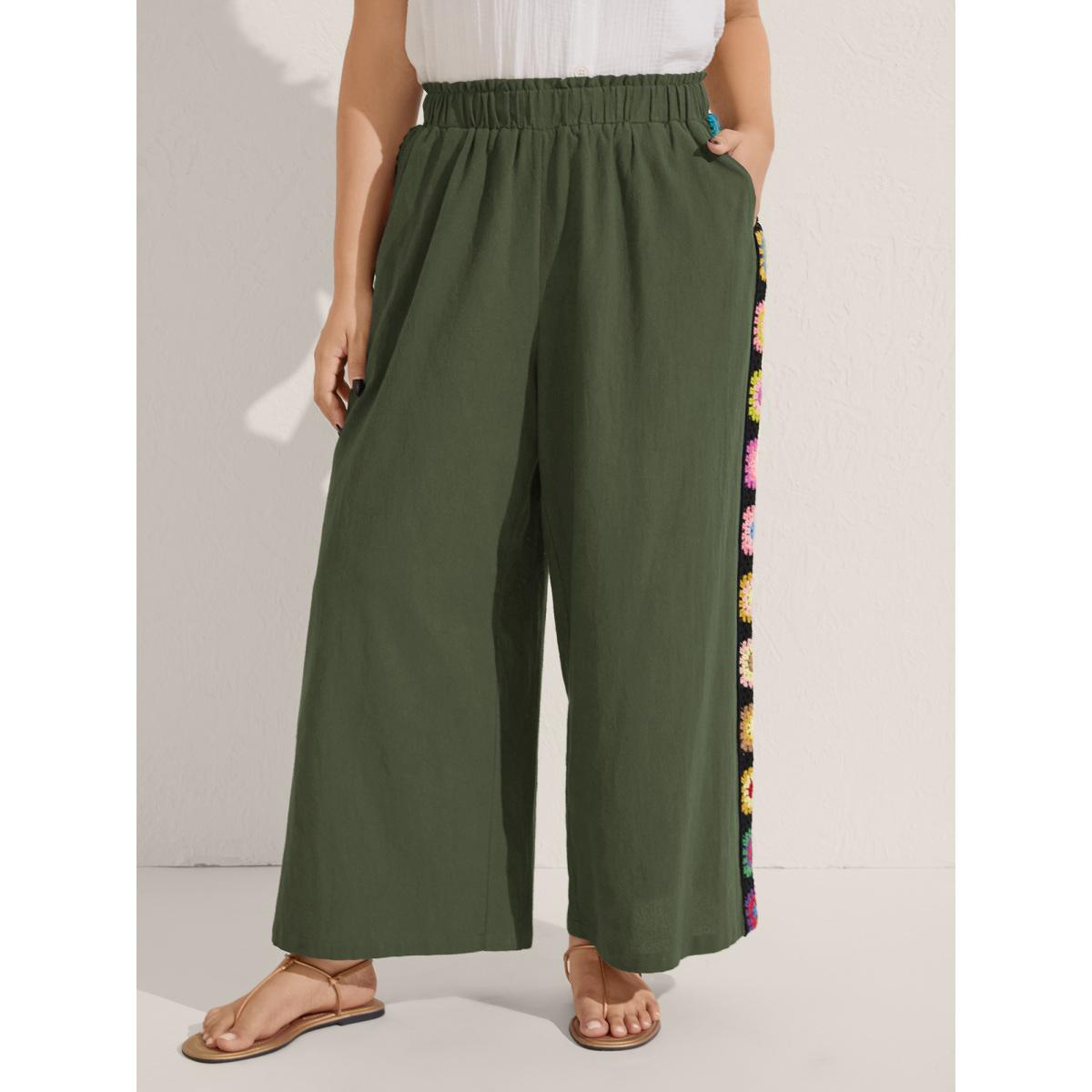 Plus Size Shirred Waist Wide-Leg Spliced Pants Women ArmyGreen Resort Wide Leg Mid Rise Vacation Pants BloomChic 30/6X Product Image