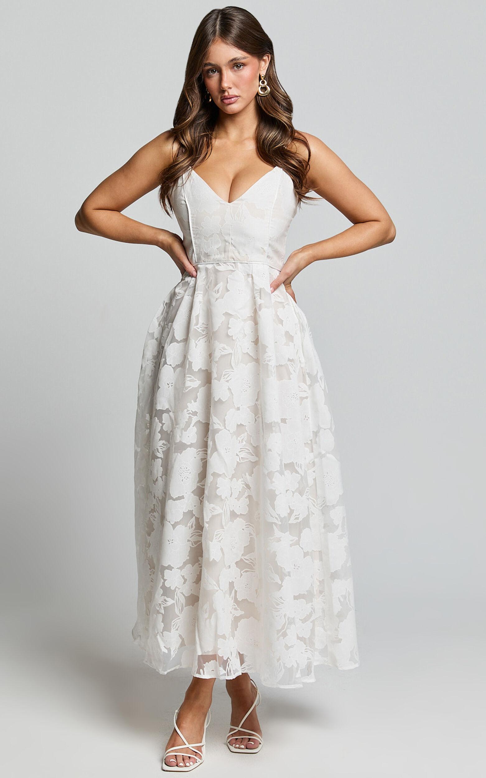 Philine Midi Dress - Jacquard Plunge Fit and Flare Dress in White Product Image