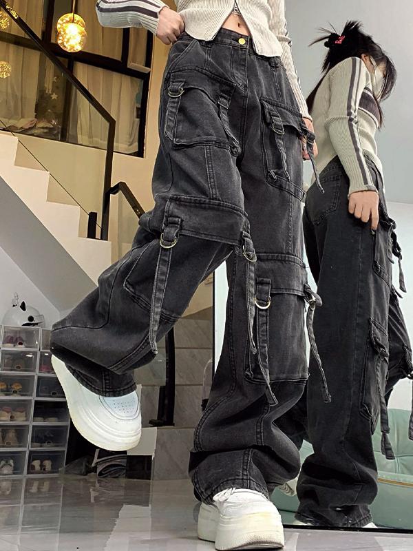 Street Multi Pocket High Rise Cargo Jeans Product Image