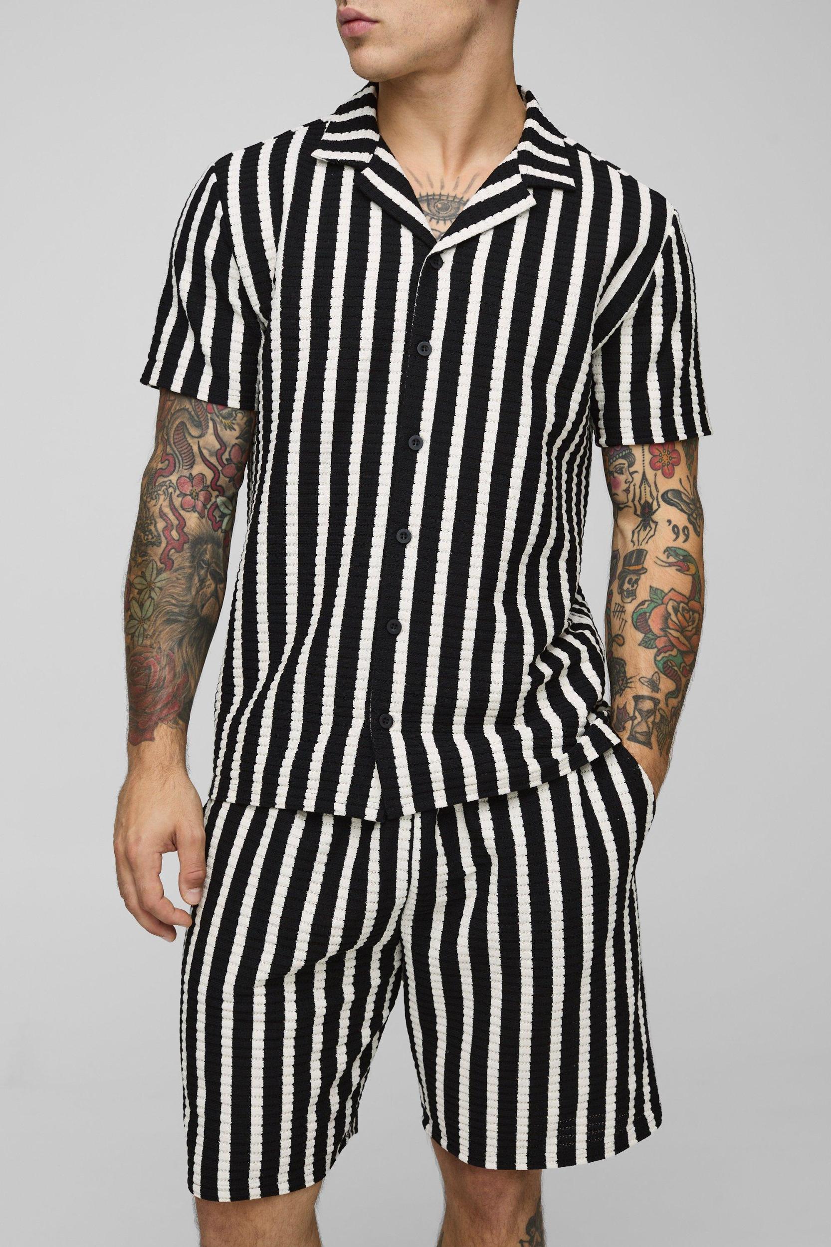 Regular Fit Textured Stripe Revere Collar Jersey Shirt and Shorts Set | boohooMAN USA Product Image