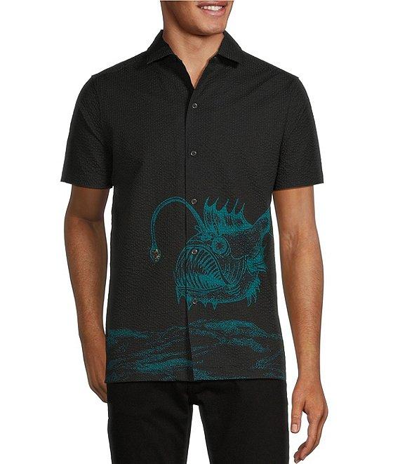 Murano Shape of Water Collection Slim Fit Placed Anglerfish Print Seersucker Short Sleeve Convertible Camp Shirt Product Image