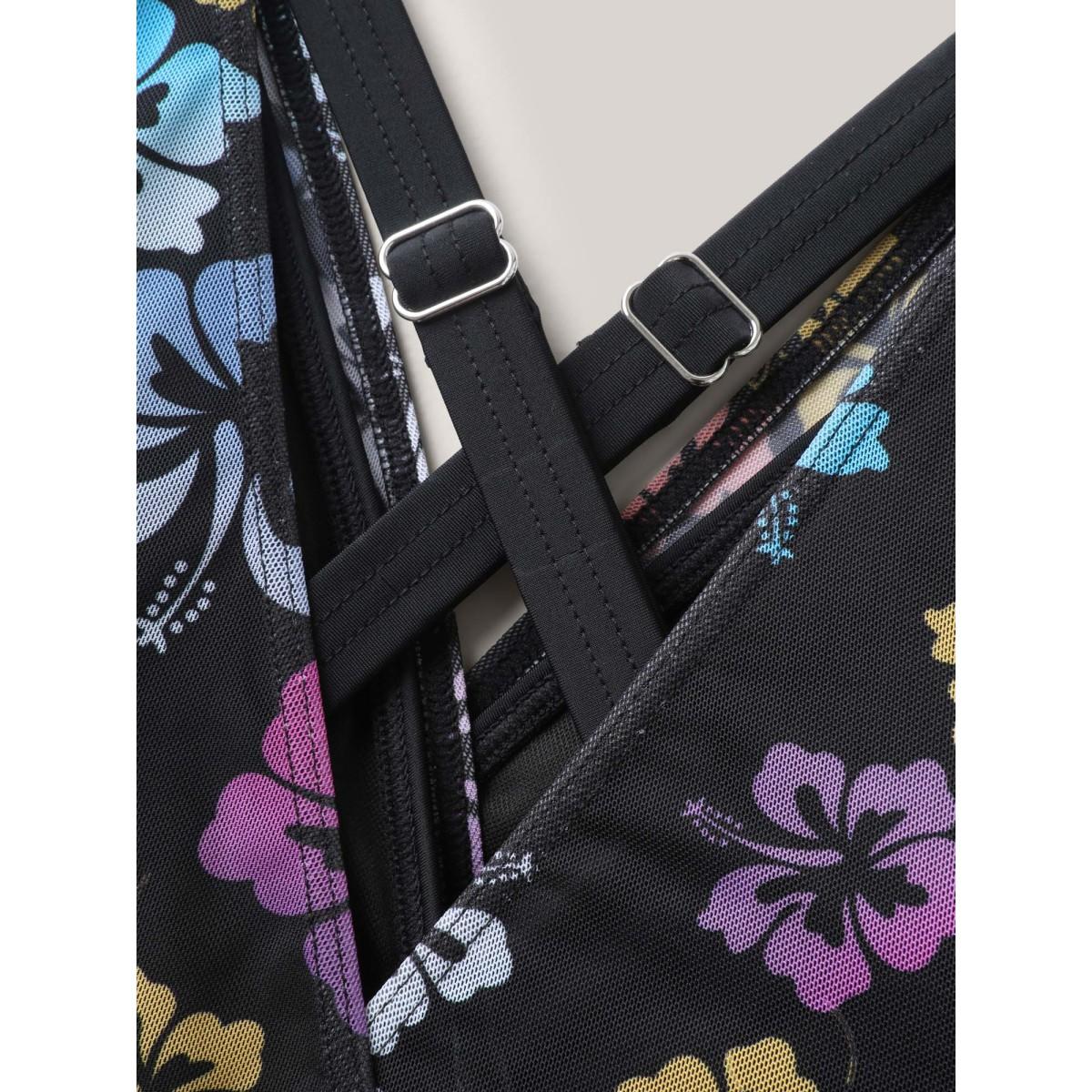 Plus Size Floral Mesh Layered Surplice Swim Dress Women's Swimwear BlackFlower Beach Bodycon Overlap Collar High stretch Curve Swim Dresses BloomChic 22-24/3X Product Image