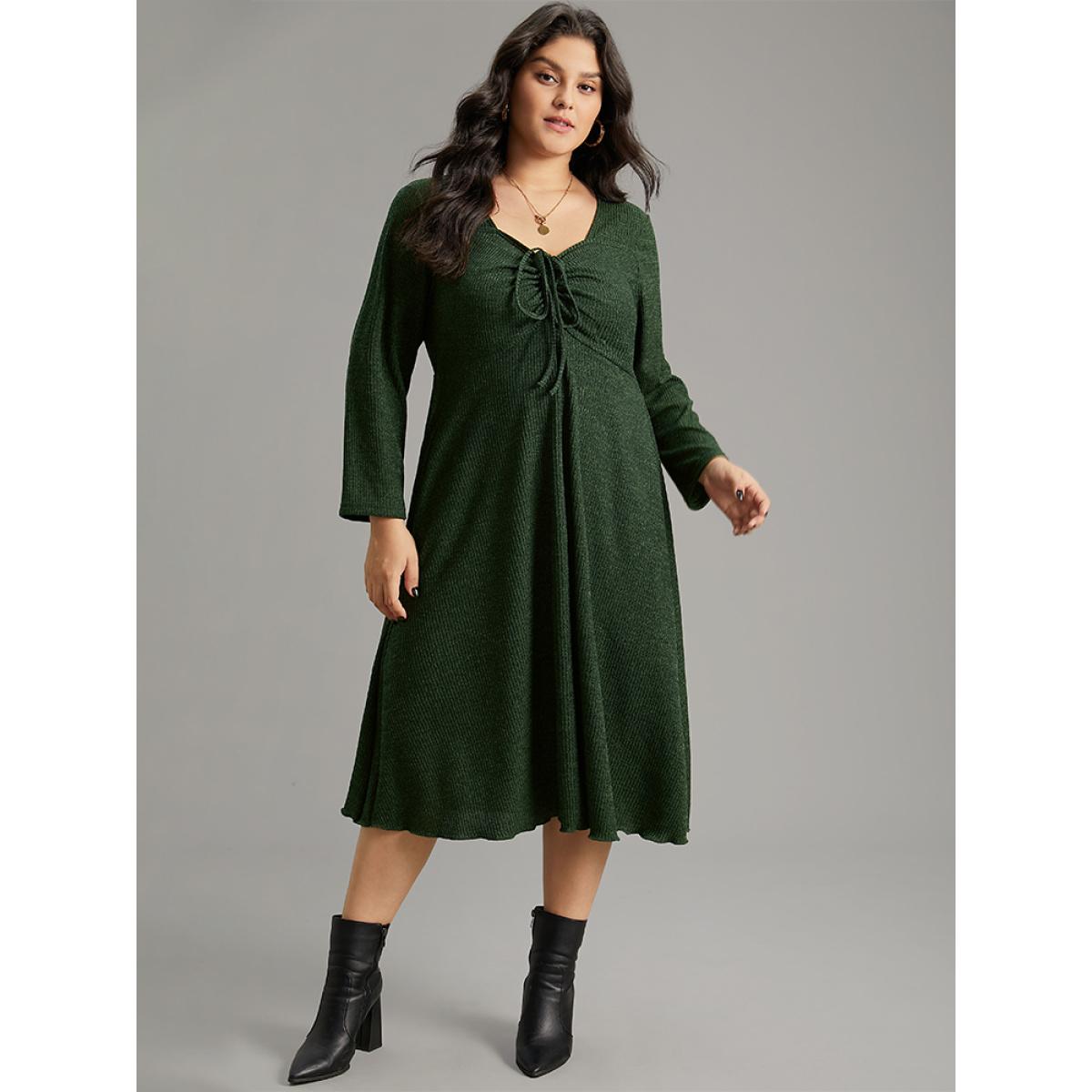 Plus Size Square Neck Solid Drawstring Rib Knit Dress DarkGreen Women Casual Plain Square Neck Long Sleeve Curvy Midi Dress BloomChic 26/4X Product Image