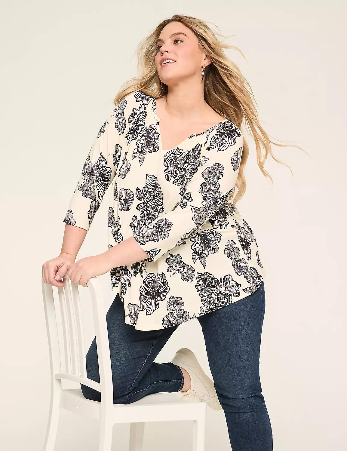 Swing 3/4-Sleeve Notch-Neck Top Product Image