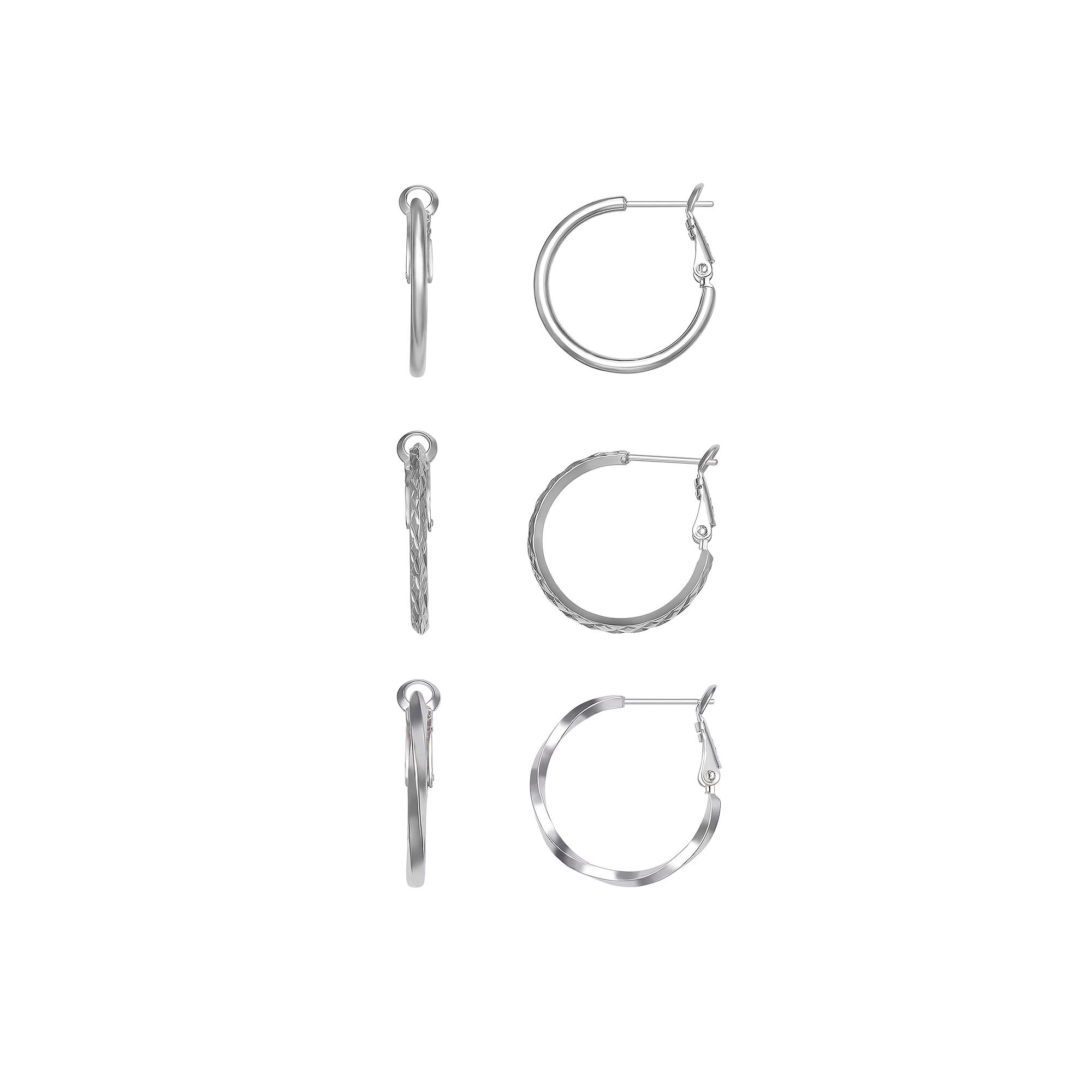 Aurielle Polished, Textured & Twisted Hoop Trio Earring Set, Women's, Silver Tone Product Image