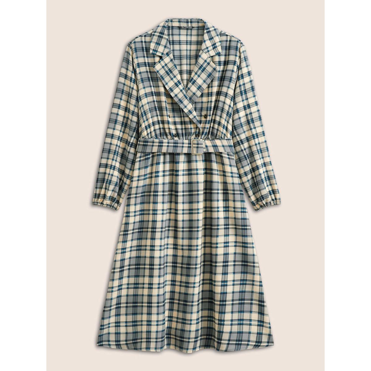 Plus Size Plaid Suit Collar Pocket Belted Dress Stone Women At the Office Non Suit Collar Long Sleeve Curvy Midi Dress BloomChic 28/5X Product Image