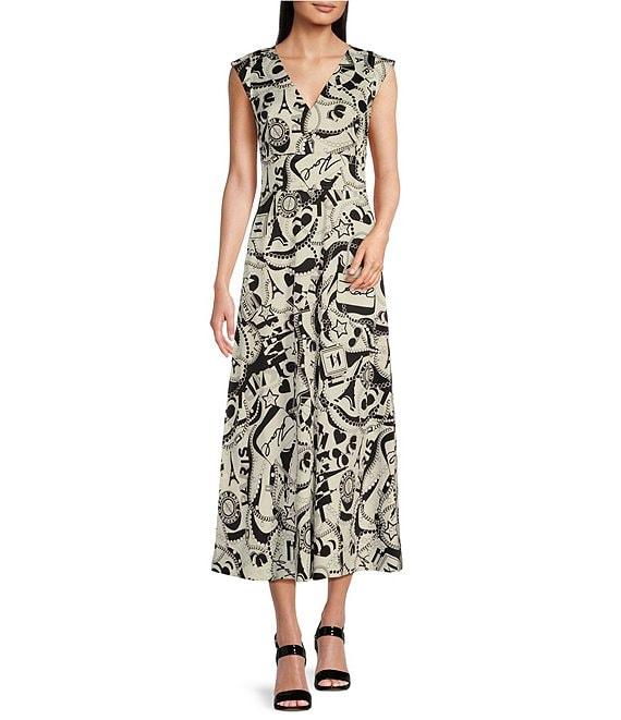 KARL LAGERFELD PARIS Sateen Printed V-Neck Sleeveless A-Line Midi Dress Product Image